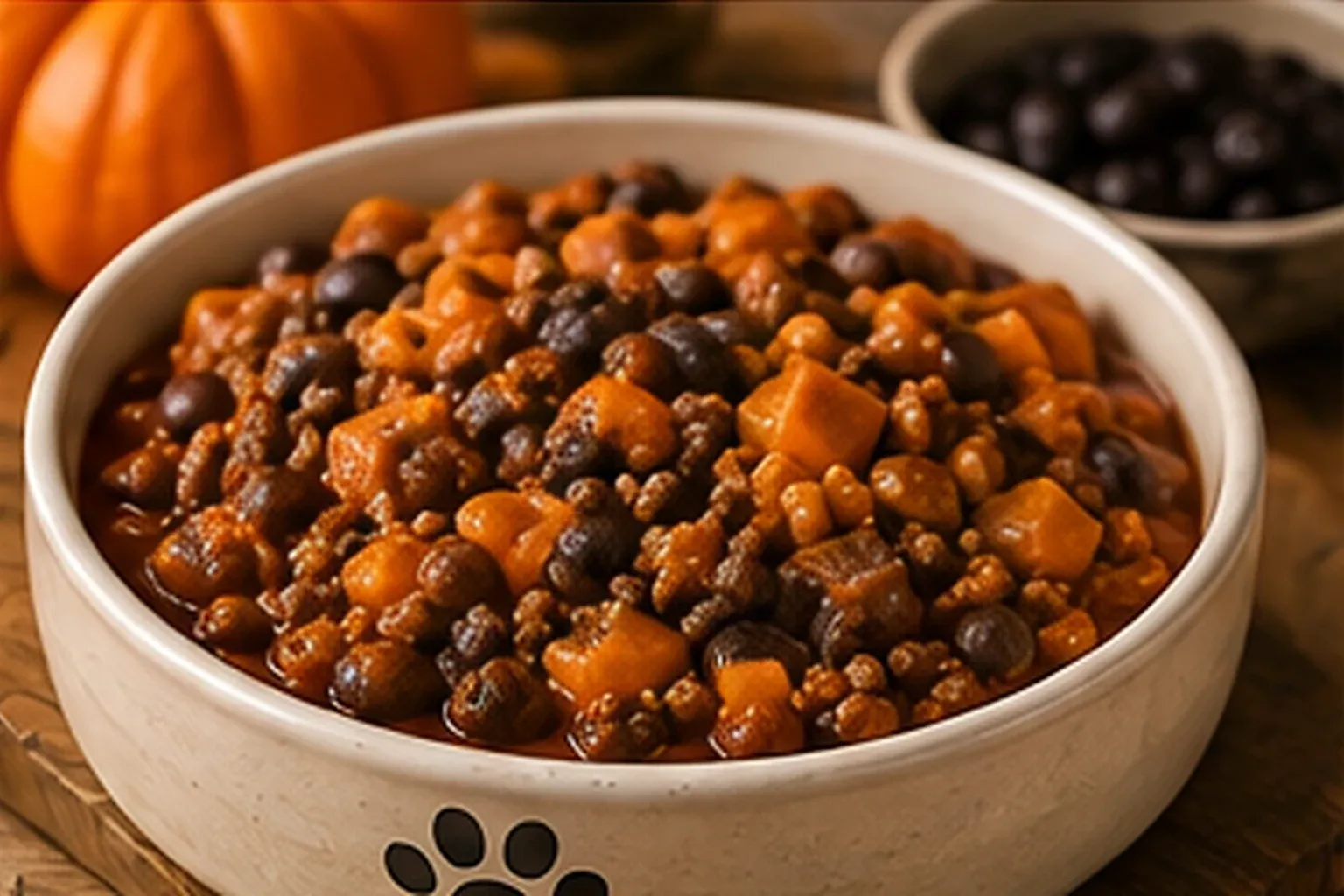 A thick beef and pumpkin chili with sweet potato chunks in a paw-print bowl