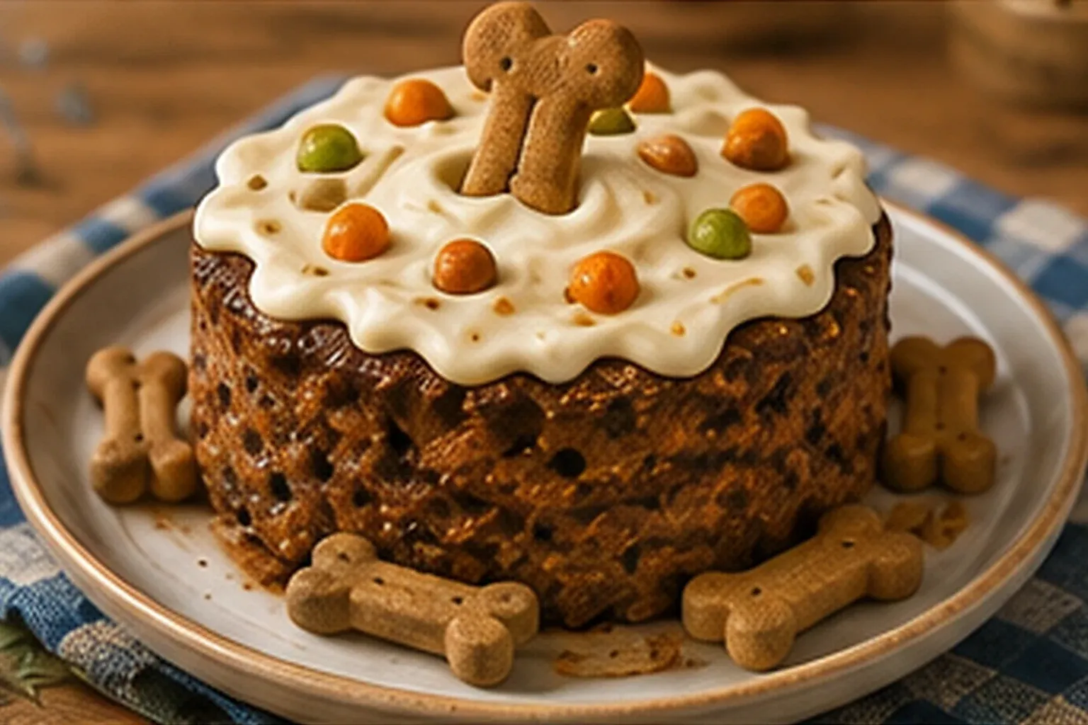A frosted meat cake topped with a dog biscuit, surrounded by more biscuits on a plate