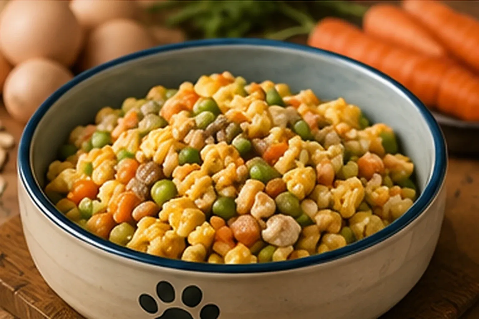 A scramble of eggs with vegetables in a blue-rimmed dog bowl
