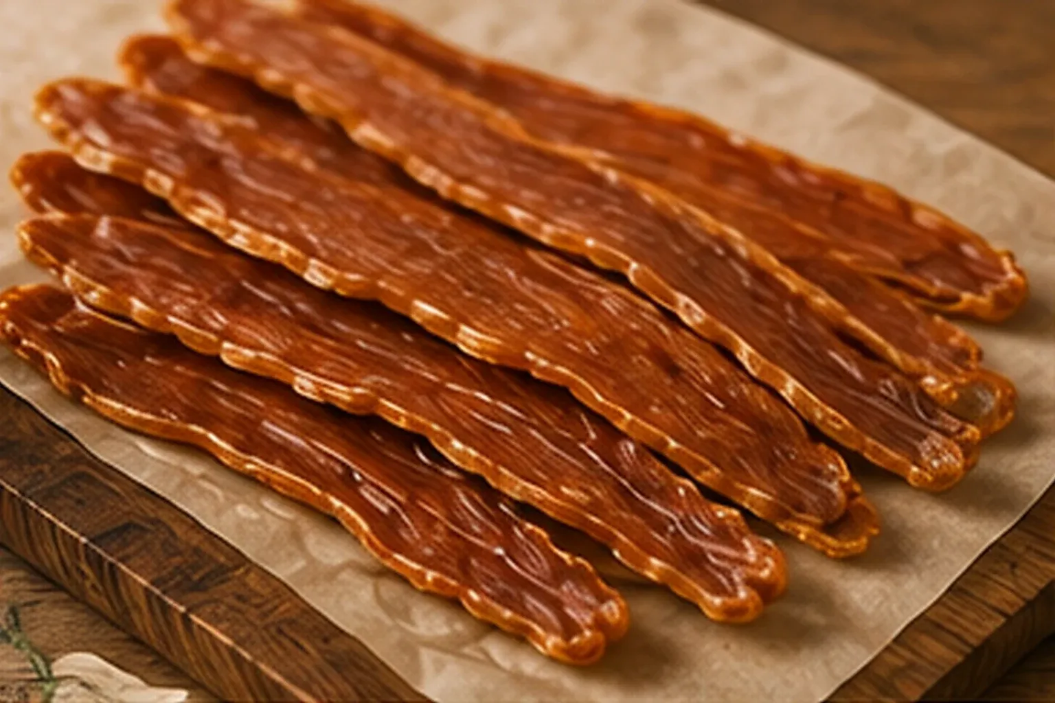 Strips of dried chicken jerky laid out on parchment paper