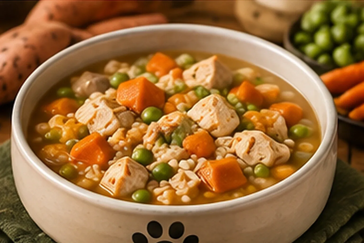 A broth-based stew with chunks of meat, carrots, peas, and rice in a paw-print bowl